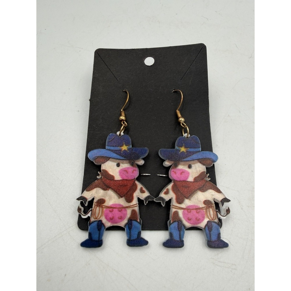 Acrylic Western Cowboy Hat Animal Earrings - Playful Cat and Cow Design, NEW